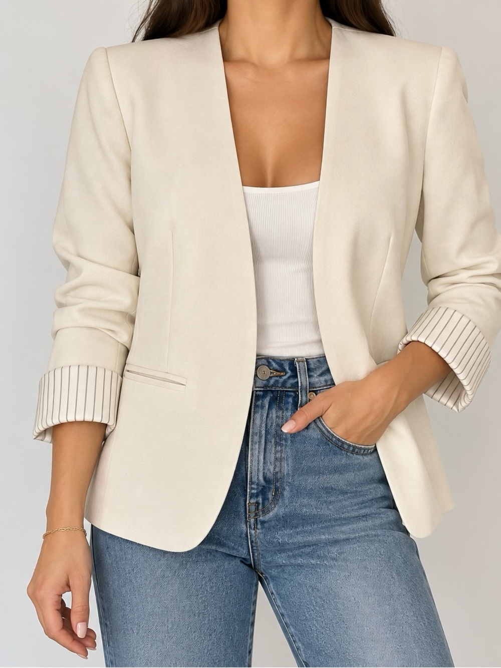 LOFT Ivory Cream Collarless Blazer Striped Cuff Open Front
